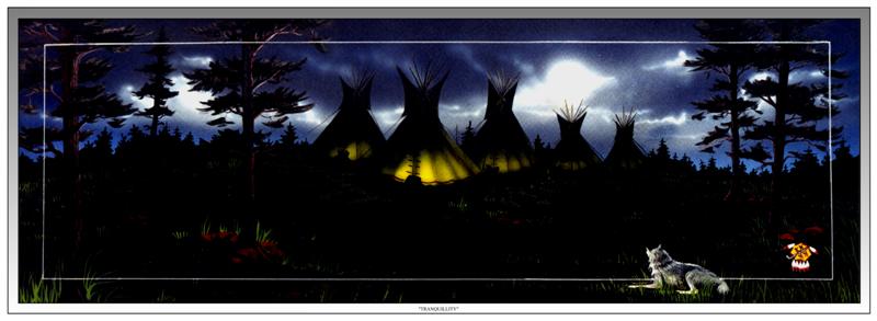 A small band make camp under the watchful eyes of Seeker; the wolf of today that seeks out Indian camps of the past. This band was one of the many plains Indians inhabiting the country between the Mississippi River and the Rocky Mountains.  Besides being buffalo hunters, they also were farmers & did not live in tepees except when on the march or hunt.